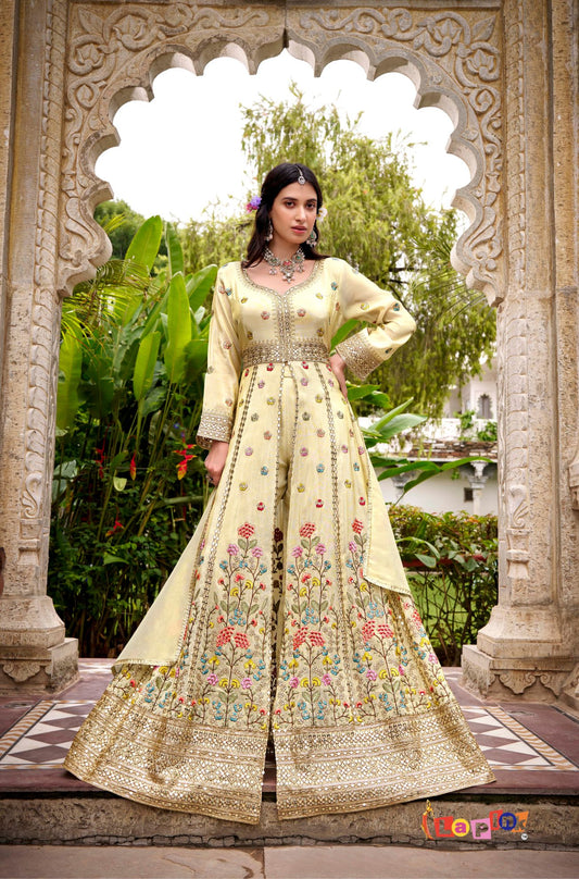 Cream Centre-Cut Shimmer Suit with Plazoo and Dupatta