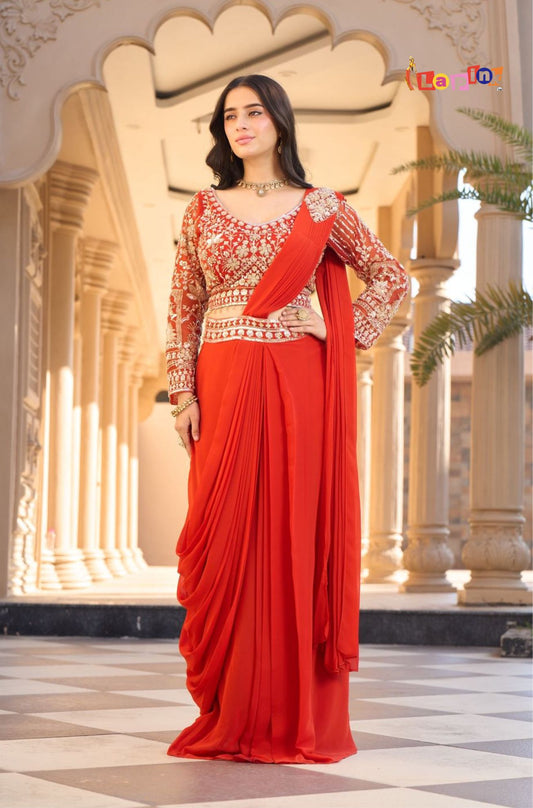 Orange Beads Work Pre-Draped Saree