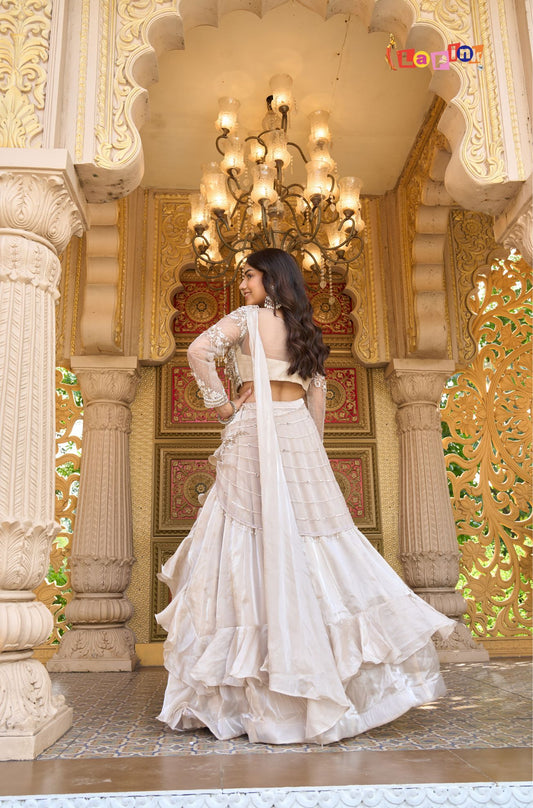 Full Sleeves Net Pre-Drape Saree with Moti & Stone Work