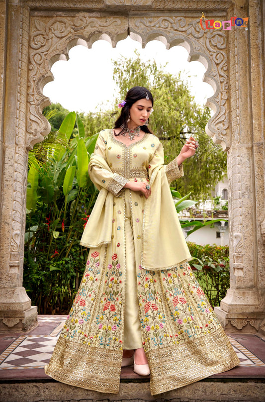 Cream Centre-Cut Shimmer Suit with Plazoo and Dupatta