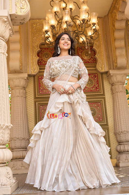 Full Sleeves Net Pre-Drape Saree with Moti & Stone Work