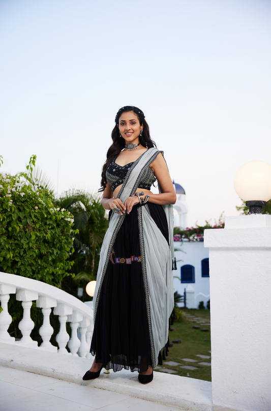 Black & Grey Contrast Pre-Draped Saree with Palazzo