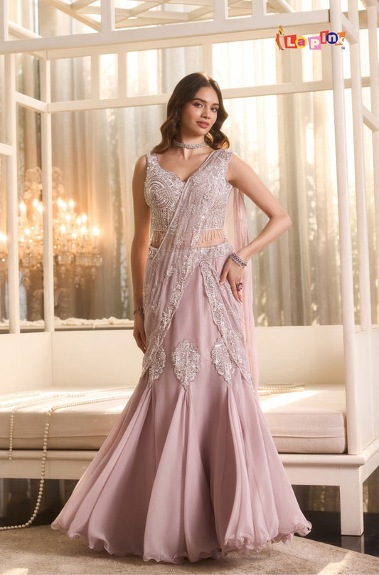 Pastel Pink Tissue Saree Gown
