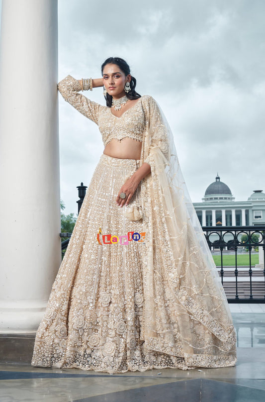Cream Net Cut Work Lehenga Set with Dupatta