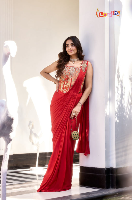 Designer Pre-Draped Chinon Saree with Jacquard Blouse