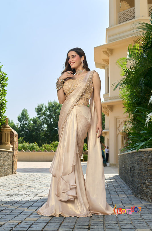 Designer Pre-Draped Saree with Moti and Stone Detailing