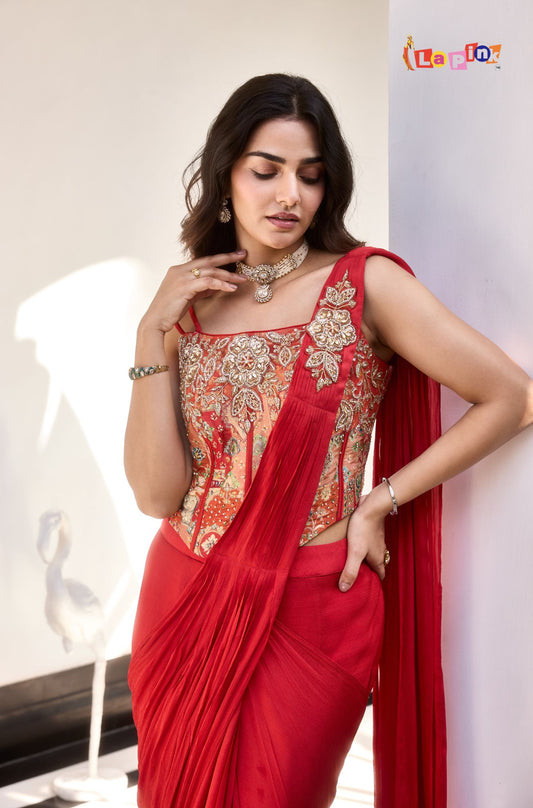 Designer Pre-Draped Chinon Saree with Jacquard Blouse