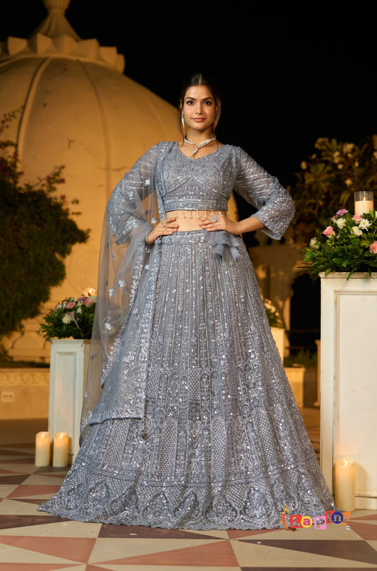 Grey Multi-Sequence Net Lehenga Set with Dupatta