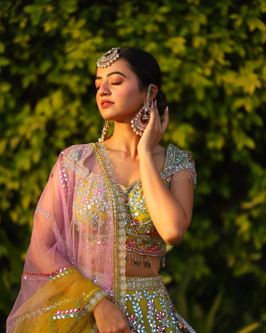 Yellow Shaded Lehenga Set With Mirror Work