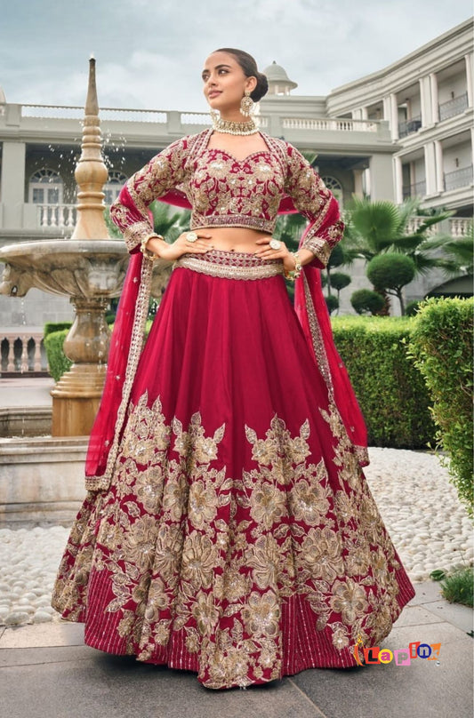 Embroidered Silk Lehenga with Net Dupatta
