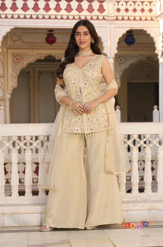 Beaded Front-Cut Peplum Plazo Set