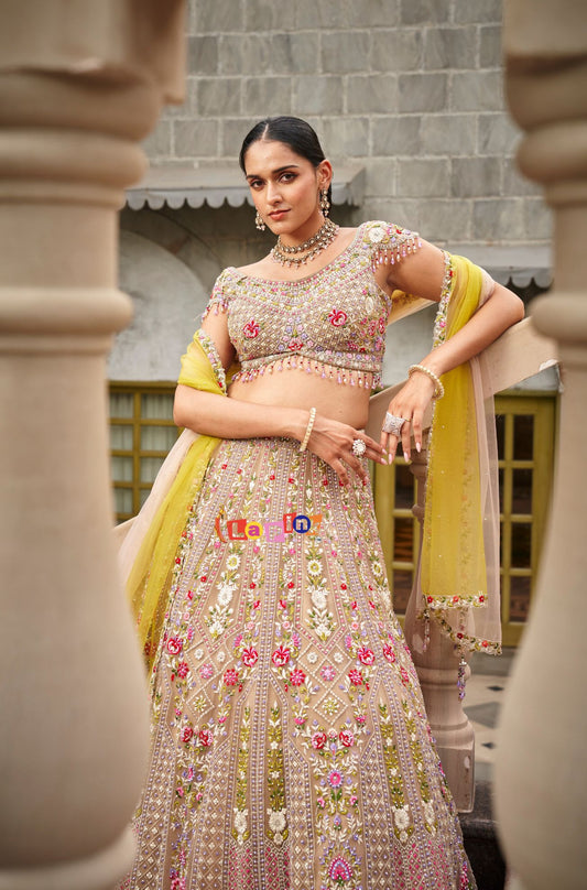 Party Wear Cream Lehenga Set with Contrast Dupatta