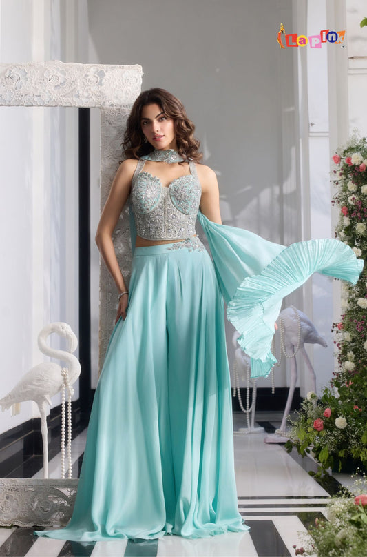 Designer Net Top with Crepe Divider Pants