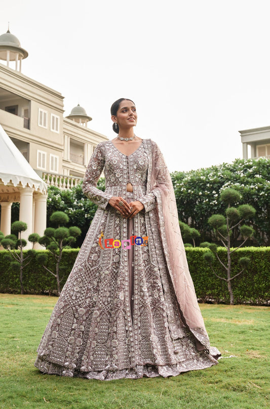 Designer Purple Grey Embroidered Centre Cut Skirt Set