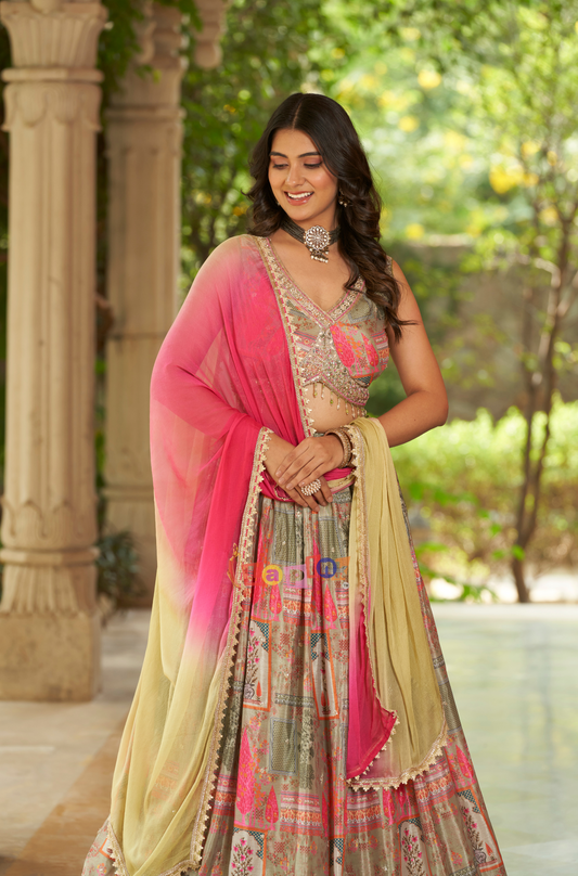Fancy printed lehenga set with contrast Dupatta