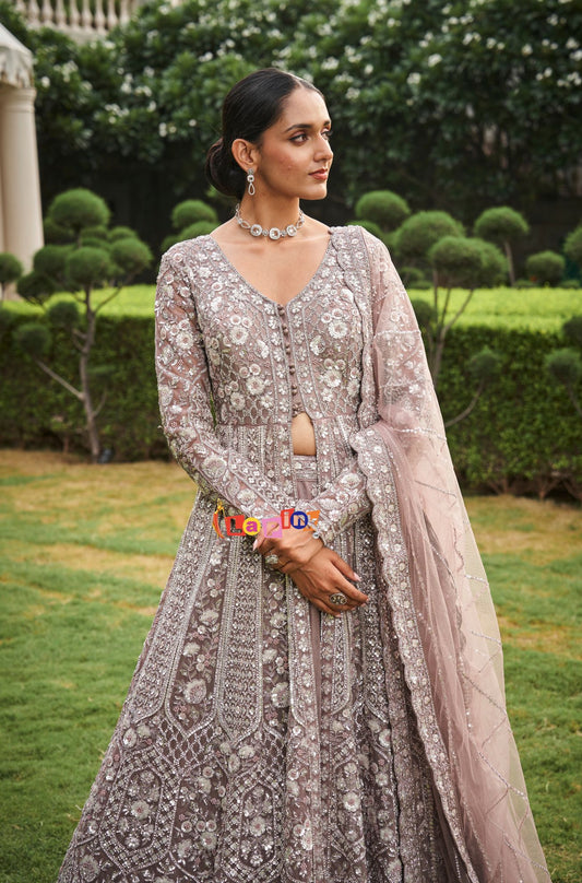 Designer Purple Grey Embroidered Centre Cut Skirt Set