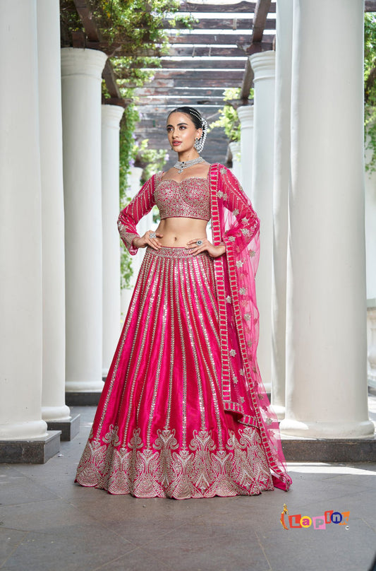 Full Sleeves Silk Lehenga Set with Mirror and Moti Work
