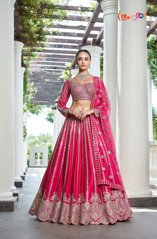Full Sleeves Silk Lehenga Set with Mirror and Moti Work