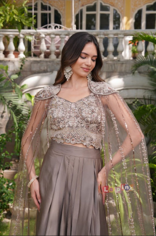 Three Piece Net & Crepe Skirt Set