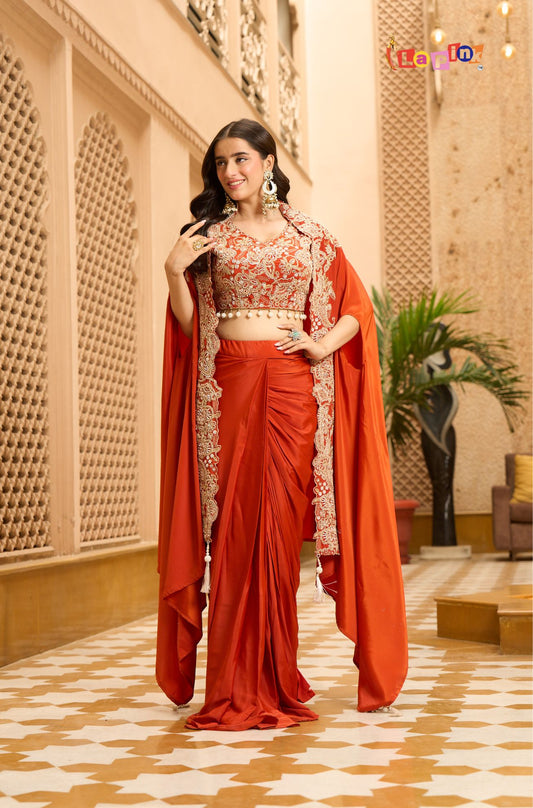 Crepe Drape Skirt Set with Moti Embroidery