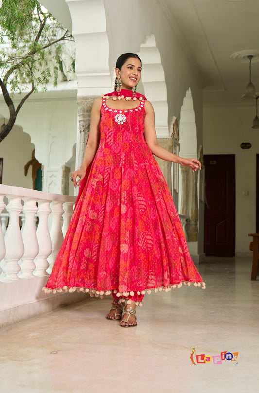 Red Printed Anarkali Set with Pant & Dupatta