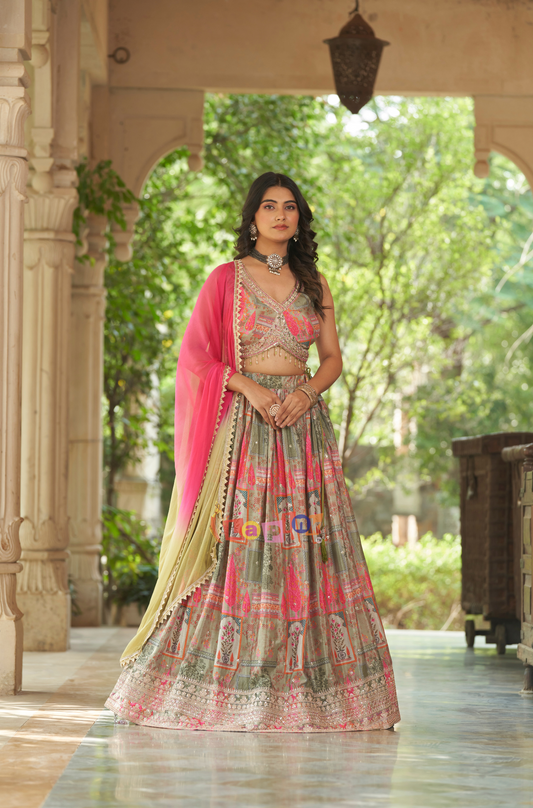Fancy printed lehenga set with contrast Dupatta