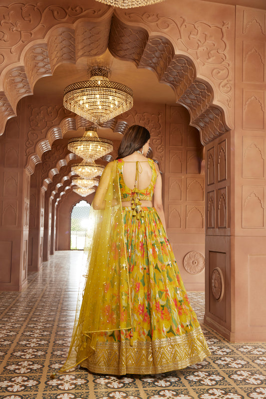 Mustard Floral Sequence Work Lehenga Set