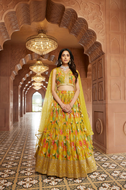 Mustard Floral Sequence Work Lehenga Set