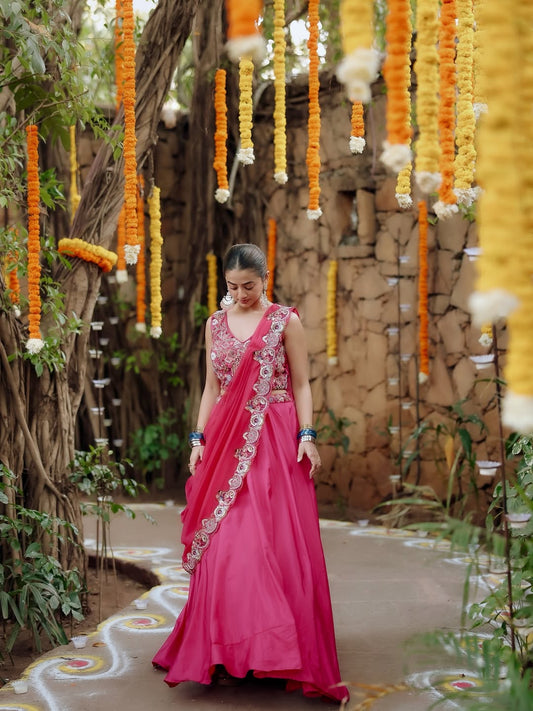 Multi-Thread Pre-Draped Saree with Moti Work