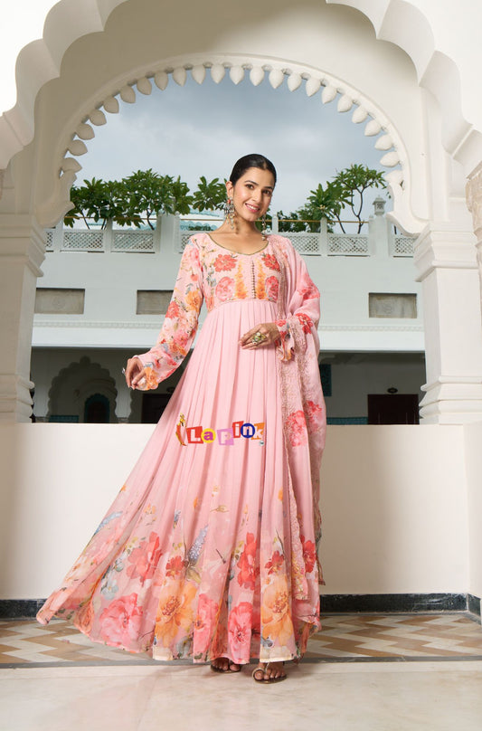 Peach Floral Anarkali Set with Dupatta