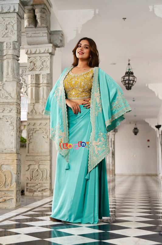 Embroidered Silk Skirt & Cape Set
