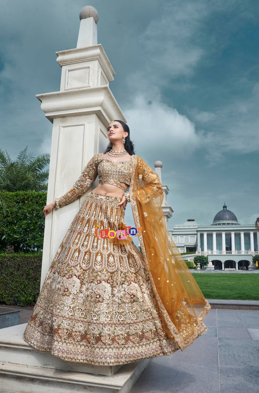 Olive Embroidered Net Lehenga Set with Dupatta