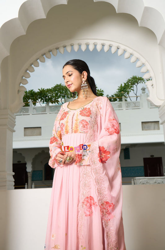 Peach Floral Anarkali Set with Dupatta