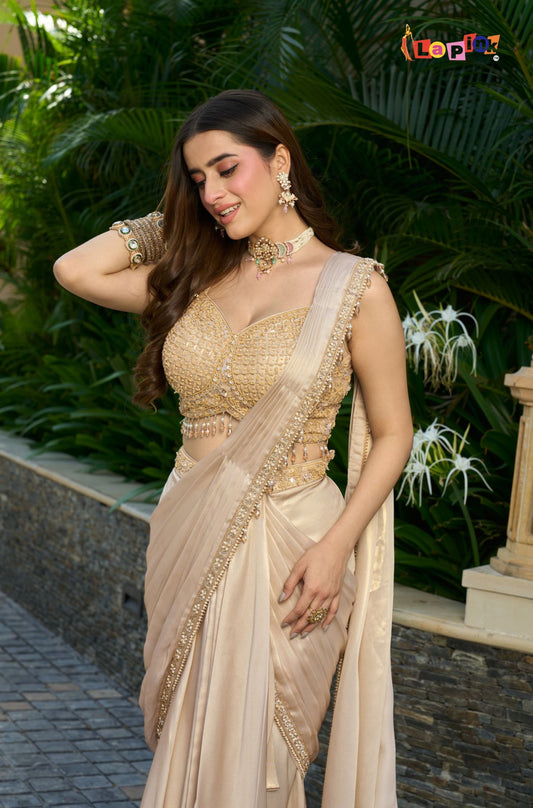 Designer Pre-Draped Saree with Moti and Stone Detailing