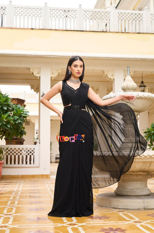 Pre-Drape Net Saree with Moti & Sequence Work