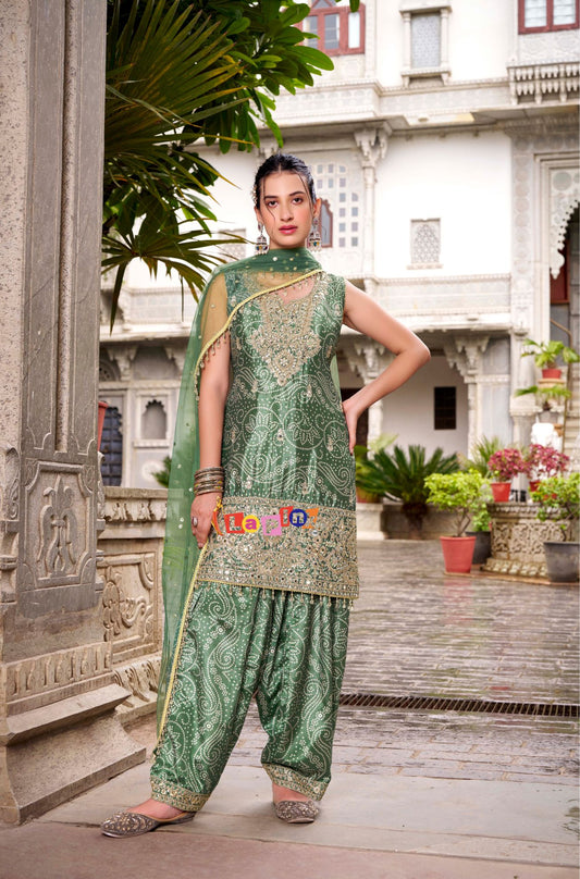 Bandhani Silk Suit with Farsi Salwar & Net Dupatta