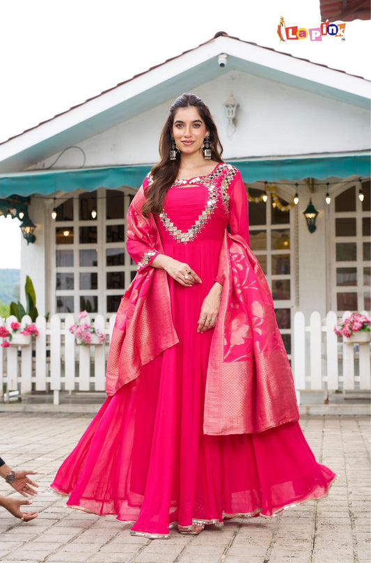 Thread and Mirror Work Anarkali with Jacquard Dupatta