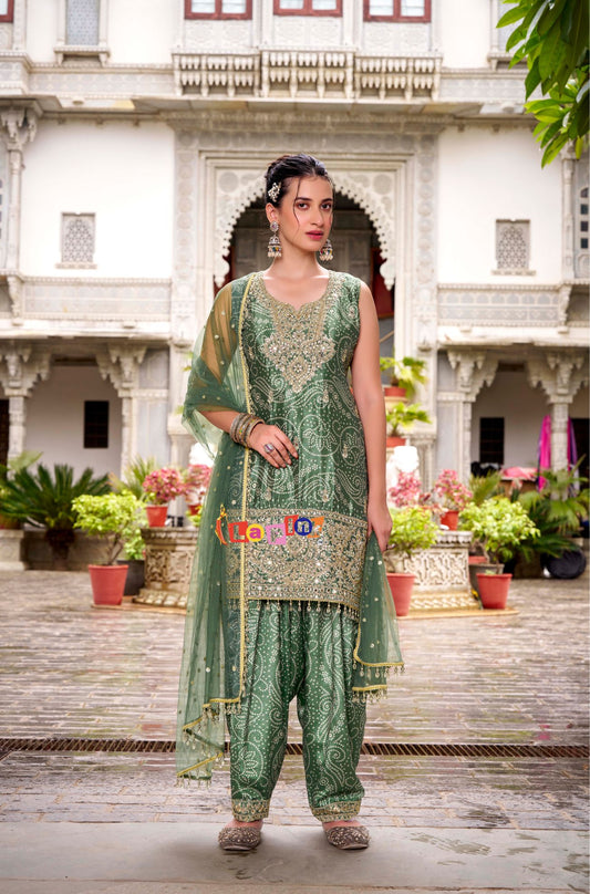 Bandhani Silk Suit with Farsi Salwar & Net Dupatta