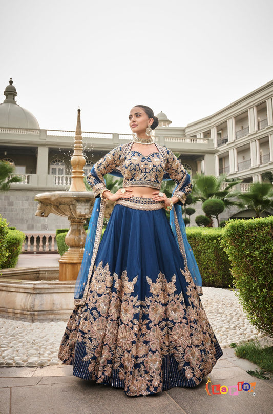 Embroidered Silk Lehenga with Net Dupatta