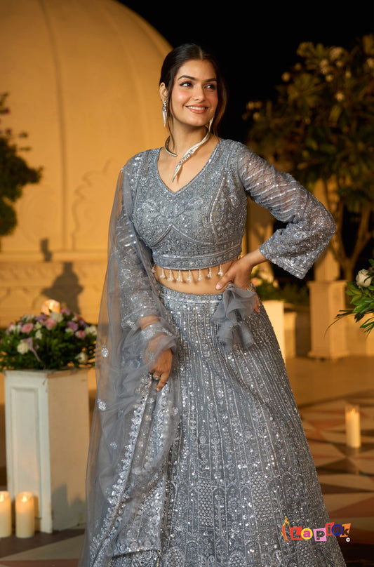 Grey Multi-Sequence Net Lehenga Set with Dupatta