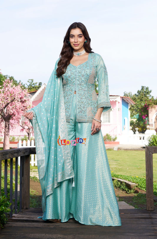 Multi Moti & Stone Embroidered Shimmer Peplum Suit Set