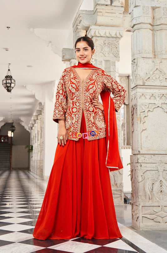 Three-Piece Orange Plazo Set with Sequin Work