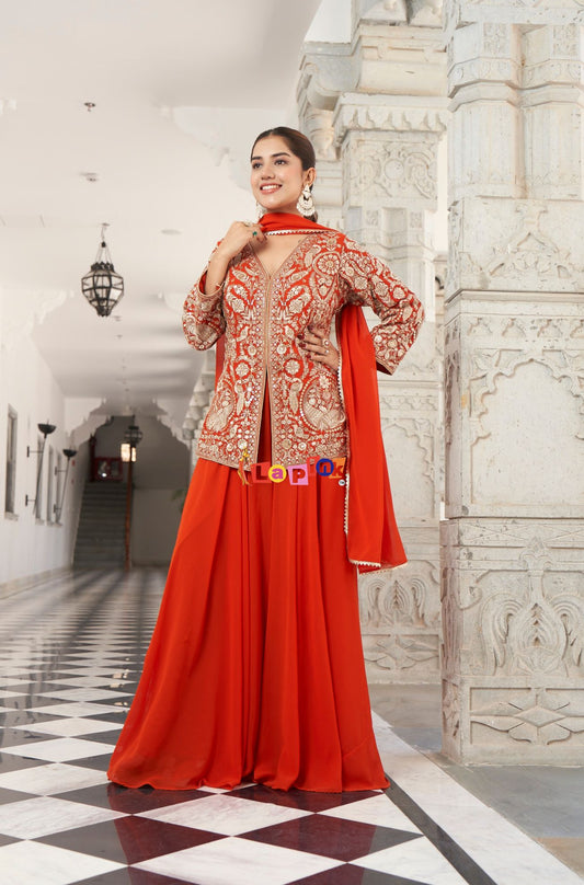 Three-Piece Orange Plazo Set with Sequin Work