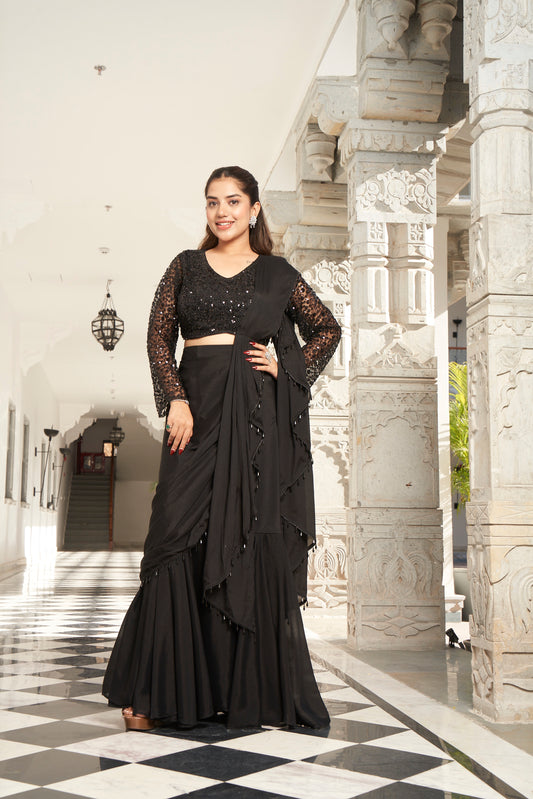 Black Full Sleeve Pre-Draped Saree