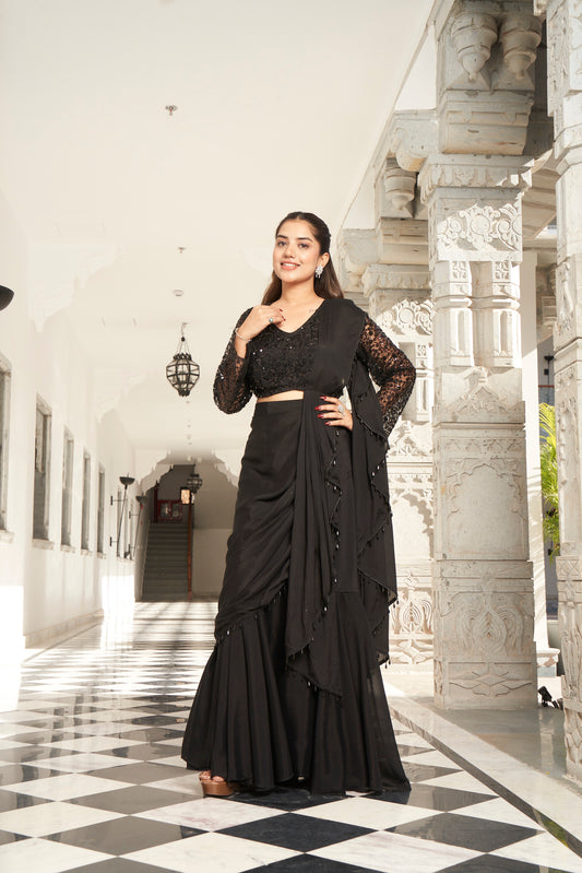 Black Full Sleeve Pre-Draped Saree