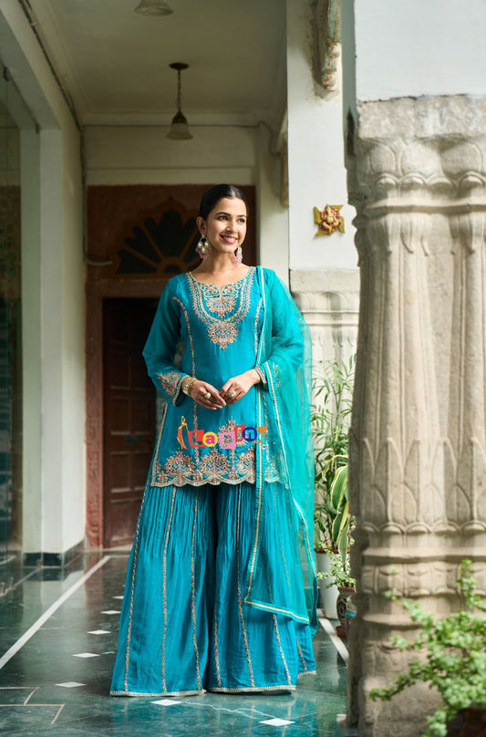 Embroidered Sharara Set with Net Dupatta
