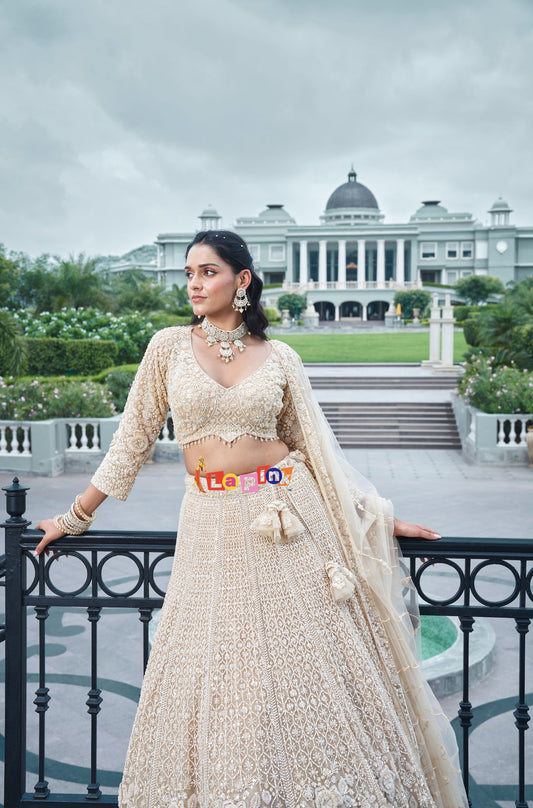 Cream Net Cut Work Lehenga Set with Dupatta