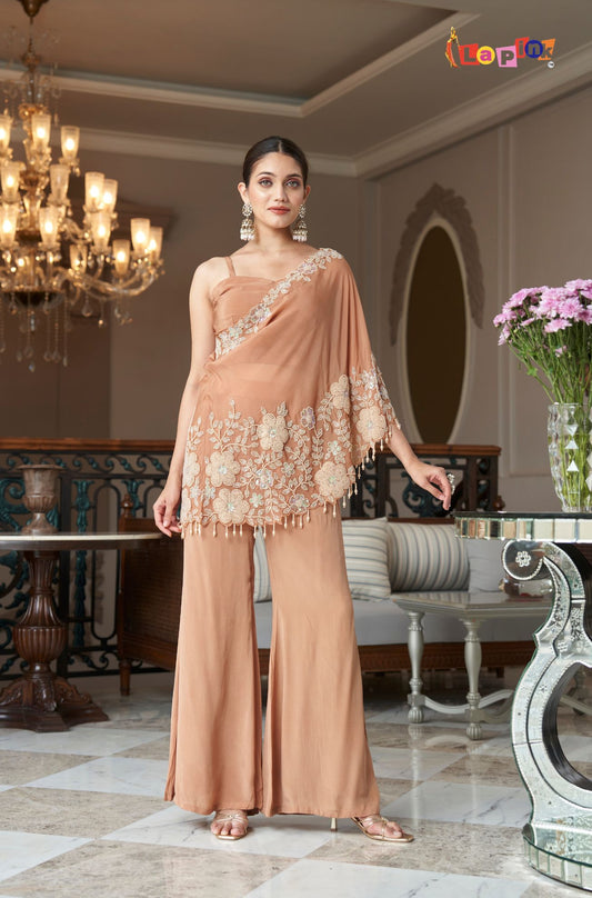 Crepe Off-Shoulder Top with Embellished Plazzo Set