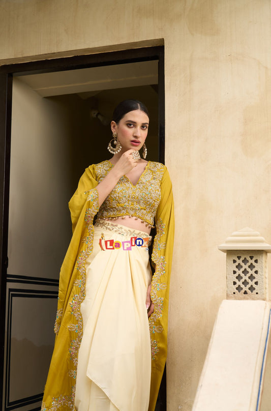 Embroidered Silk Divaider Top with Drape Skirt