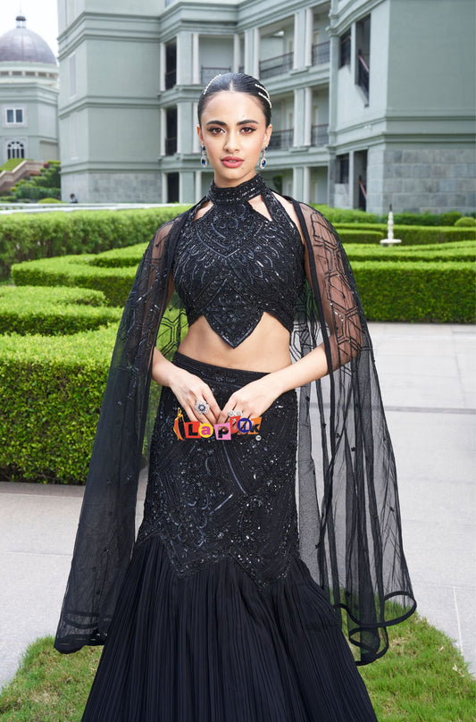 Designer Black Crop Top Fish Cut Lehenga Set
